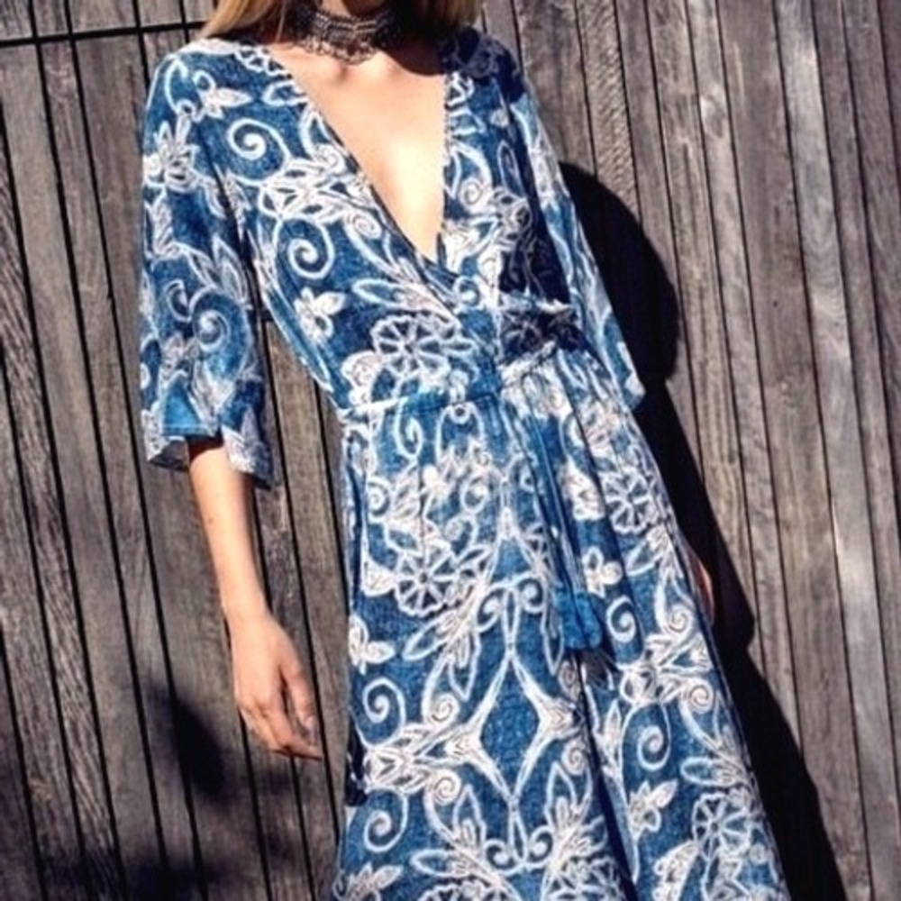 JAASE Women's XS Blue White Floral Print Wide Leg Jumpsuit Boho‎ Hippie Festival